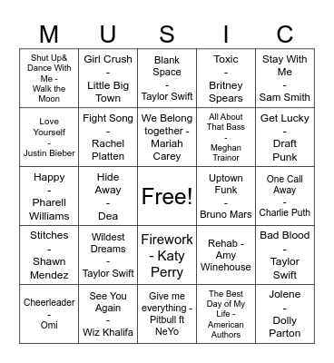 Pop Music Bingo Card