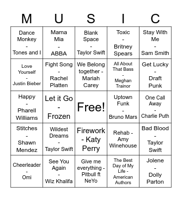 Pop Music Bingo Card