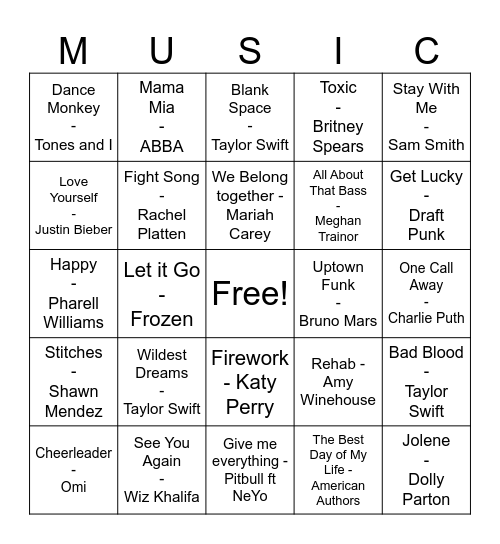 Pop Music Bingo Card