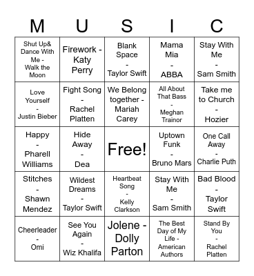 Pop Music Bingo Card