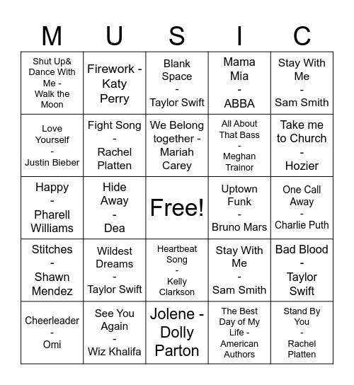 Pop Music Bingo Card