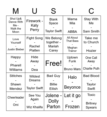 Pop Music Bingo Card