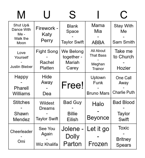 Pop Music Bingo Card