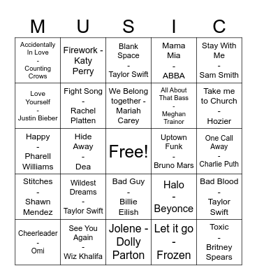 Pop Music Bingo Card