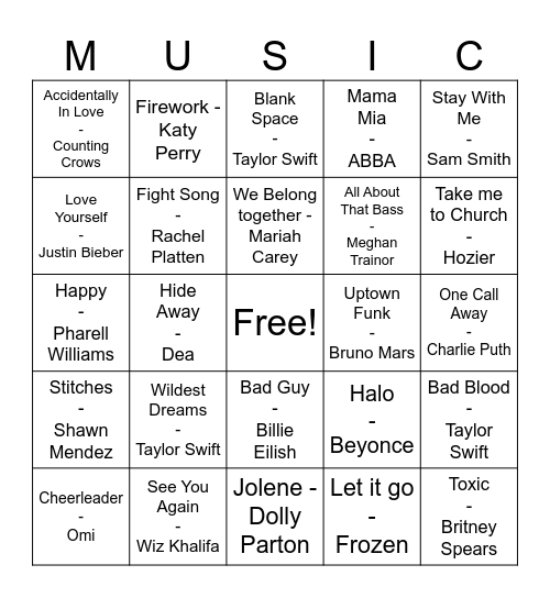 Pop Music Bingo Card
