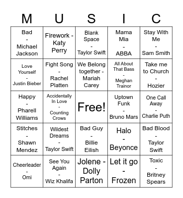 Pop Music Bingo Card