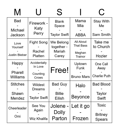 Pop Music Bingo Card