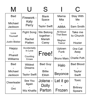Pop Music Bingo Card