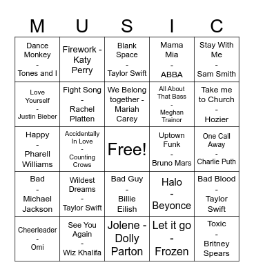 Pop Music Bingo Card