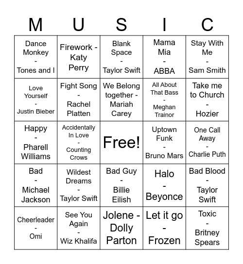 Pop Music Bingo Card