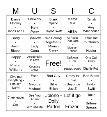 Pop Music Bingo Card