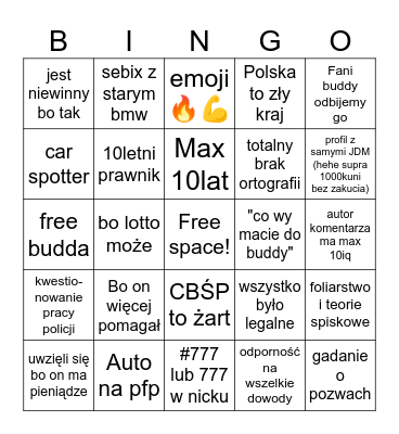 Bingo komentarze fanów buddy Bingo Card