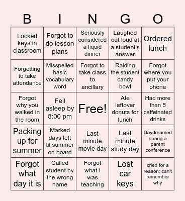 Tired Teacher Bingo Card