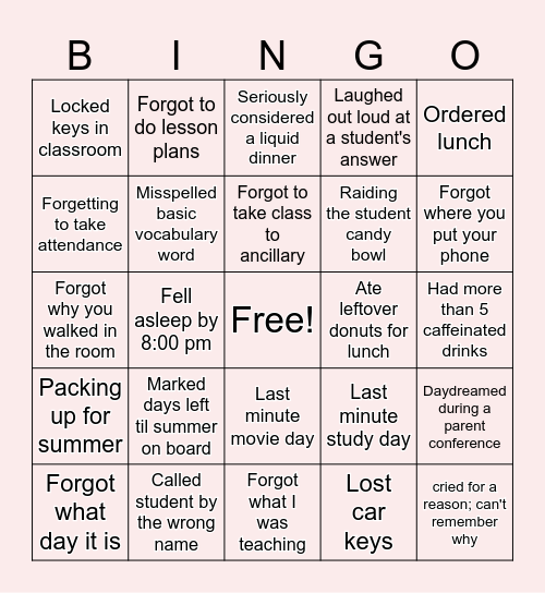 Tired Teacher Bingo Card