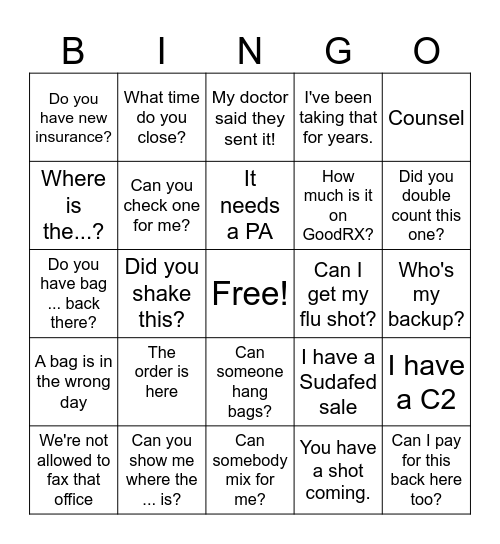 Pharmacy Bingo Card