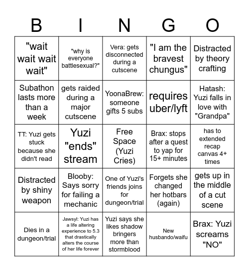 Yuzi's Shadowbring-a-thon Bingo Card