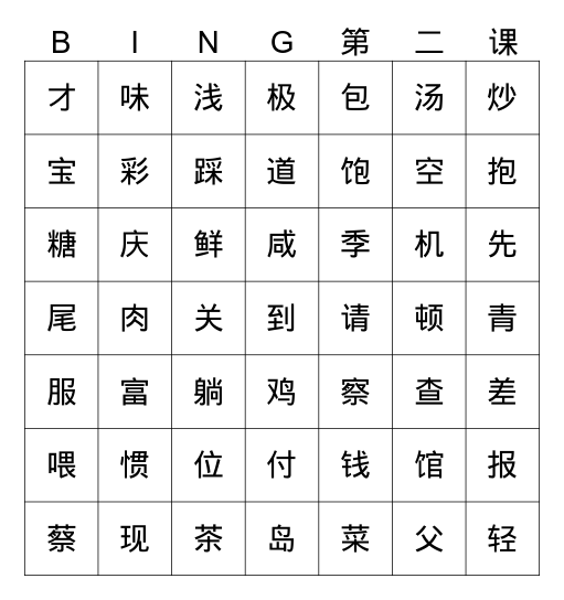 中文五 上餐馆1 Bingo Card