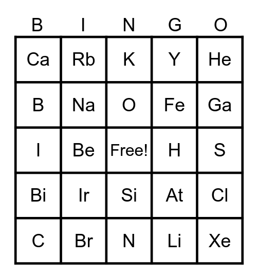 Element Symbols Bingo Card