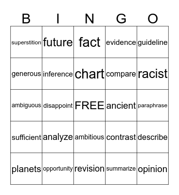 Vocabulary  Bingo Card