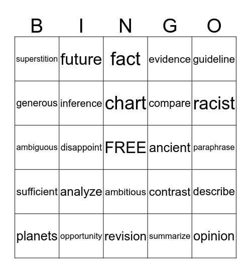 Vocabulary  Bingo Card