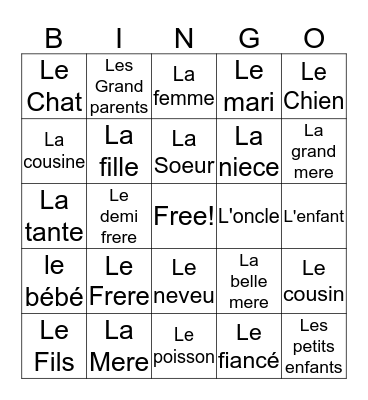 French Family Vocabulary  Bingo Card