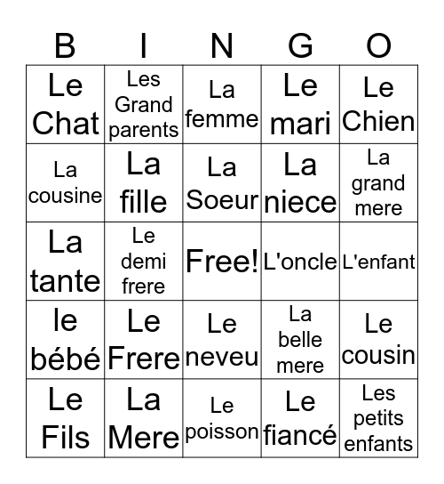 French Family Vocabulary  Bingo Card