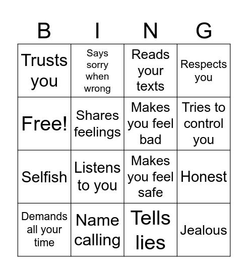 WestKing Relationships Bingo Card