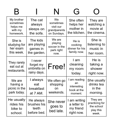 Present Simple and Present Continuous Bingo Card