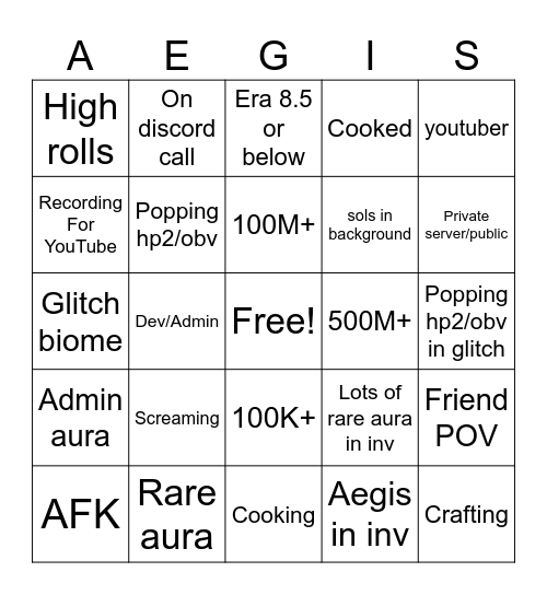 Sols rng bingo Card