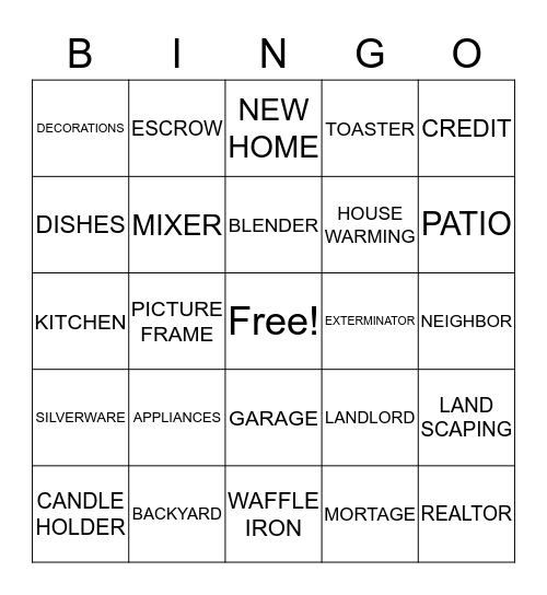 JACKIE HOUSE WARMING Bingo Card