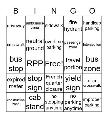 Parking Bingo  Bingo Card