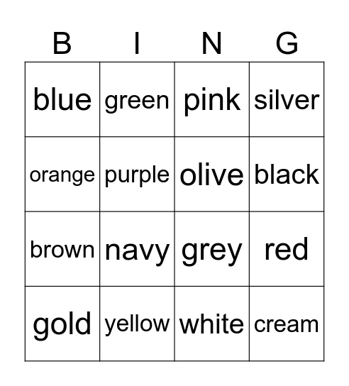 Colors Bingo Card