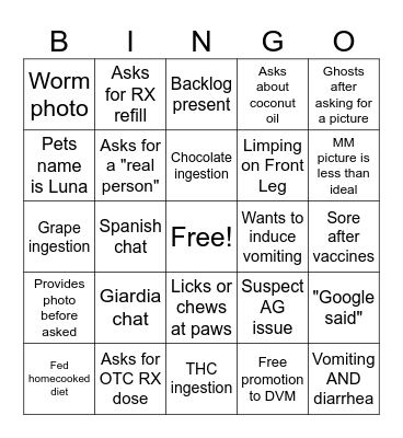 Vet Tech Week Bingo Card