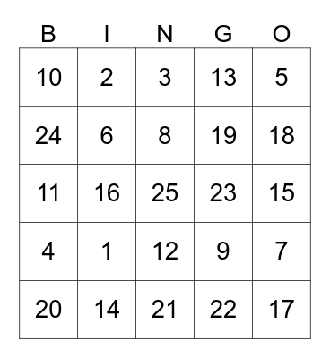 Number Bingo Card