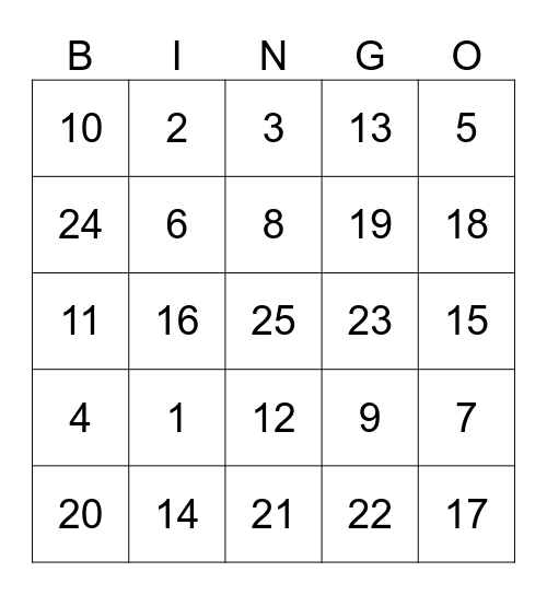 Number Bingo Card