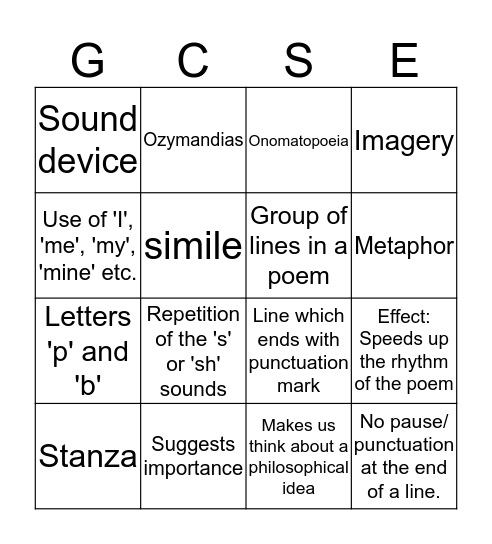 Poetry techniques Bingo Card