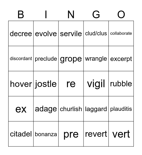 Vocabulary 1 Bingo Card