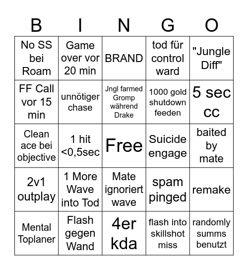 League Bingo Card