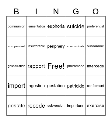 Unit 8 Vocabulary Bingo Card