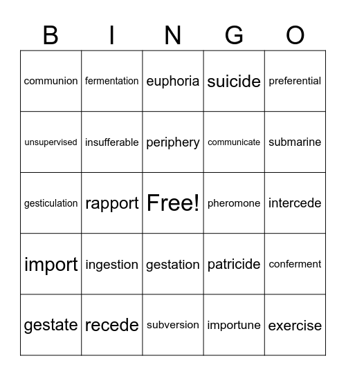 Unit 8 Vocabulary Bingo Card