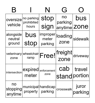 Parking Bingo  Bingo Card