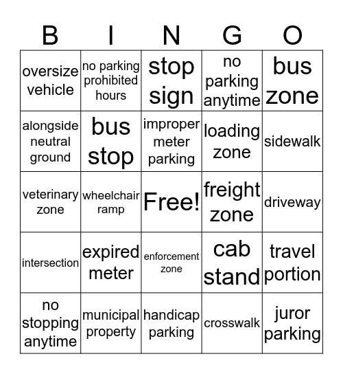 Parking Bingo  Bingo Card