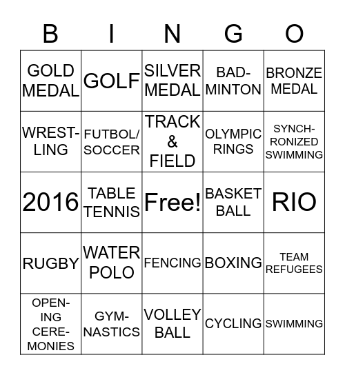 OLYMPICS - RIO 2016 Bingo Card