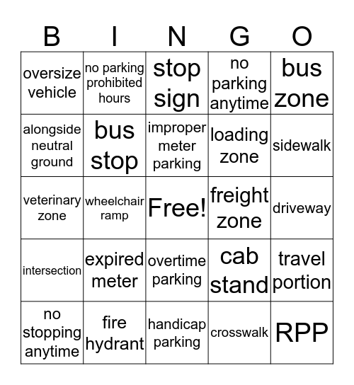 Parking Bingo  Bingo Card