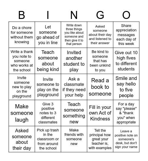 Random Acts of Kindness Bingo Card