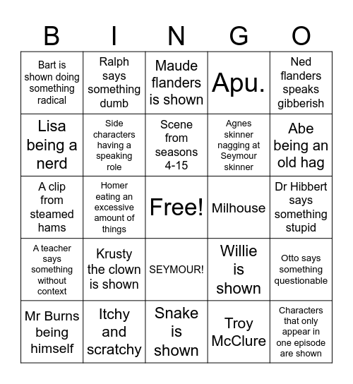 The Simpsons Bingo Card