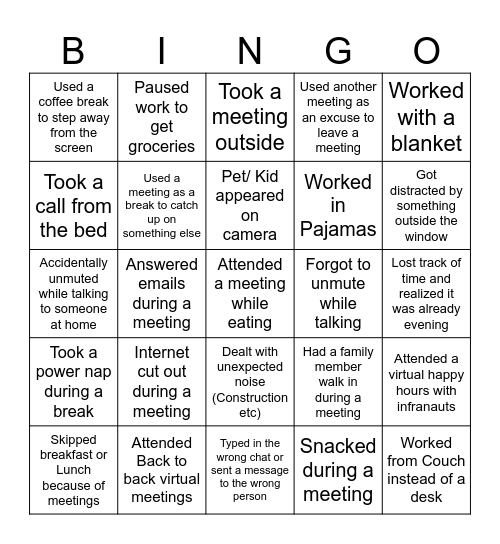 Virtual Meetings Bingo Card