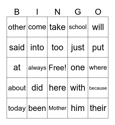 SIGHT WORDS 2 Bingo Card