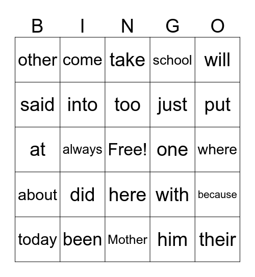 SIGHT WORDS 2 Bingo Card