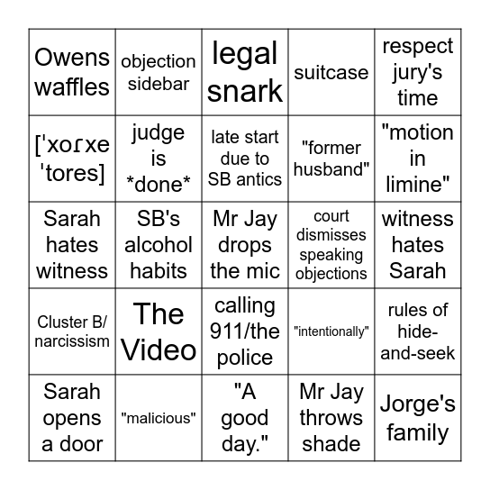 Florida v Sarah Boone Bingo Card